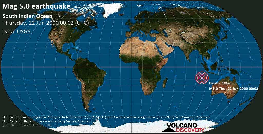 Strong mag. 5.0 earthquake - Indian Ocean, 129 km south of West Island, Cocos (Keeling) Islands, on Thursday, 22 June 2000 at 00:02 (GMT)