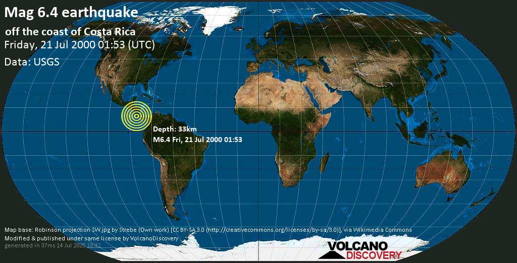 Very strong mag. 6.4 earthquake - North Pacific Ocean, 28 km southwest of Isla Cabo Blanco Island, Costa Rica, on Friday, 21 July 2000 at 01:53 (GMT)