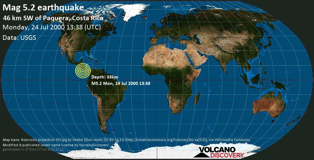Moderate mag. 5.2 earthquake - North Pacific Ocean, 14 km west of Isla Cabo Blanco Island, Costa Rica, on Monday, 24 July 2000 at 13:38 (GMT)