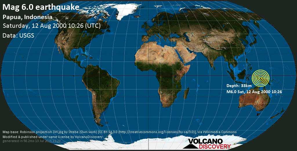 Starkes Magnitude 6.0 Erdbeben - 75 km nordöstlich von Nabire, Papua, Indonesien, am Samstag, 12. Aug 2000 um 10:26 GMT