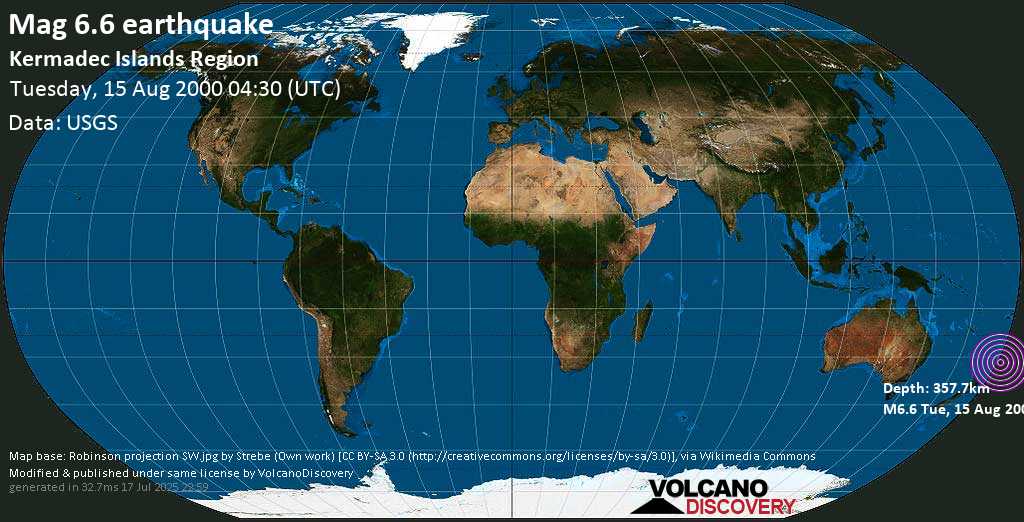 Strong mag. 6.6 earthquake - Kermadec Islands Region on Tuesday, 15 August 2000 at 04:30 (GMT)