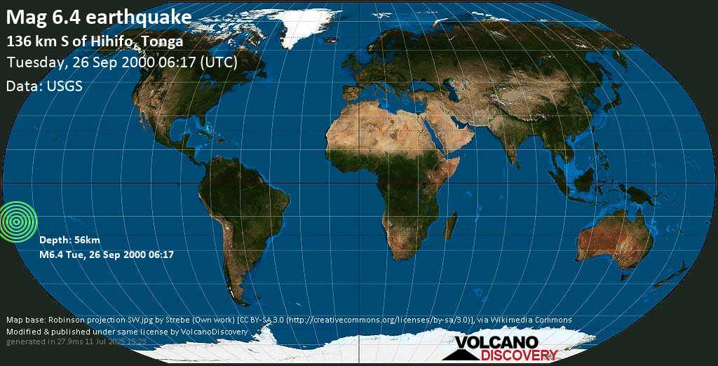 Strong mag. 6.4 earthquake - Tonga on Tuesday, 26 September 2000 at 06:17 (GMT)