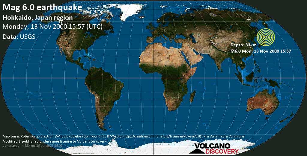 Strong mag. 6.0 earthquake - North Pacific Ocean, 63 km southeast of Kushiro, Hokkaido, Japan, on Monday, 13 November 2000 at 15:57 (GMT)