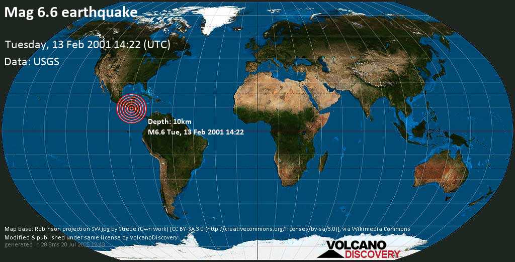 Major magnitude 6.6 earthquake - Departamento de Cuscatlan, 27 km east of San Salvador, El Salvador, on Tuesday, February 13, 2001 at 14:22 (GMT)