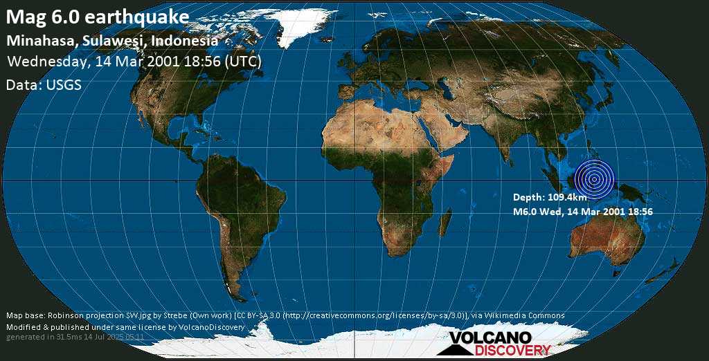 Strong mag. 6.0 earthquake - Minahasa, Sulawesi, Indonesia, on Wednesday, 14 March 2001 at 18:56 (GMT)