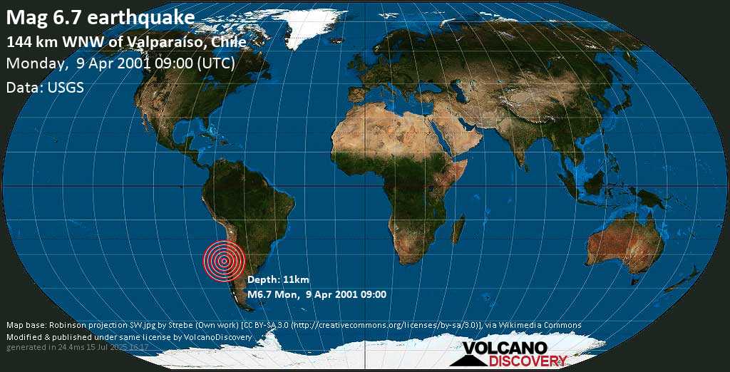 Major magnitude 6.7 earthquake - South Pacific Ocean, 144 km west of Valparaiso, Chile, on Monday, 9 April 2001 at 09:00 (GMT)