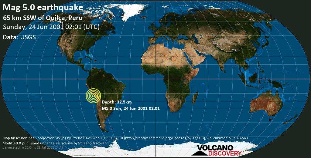 Moderate mag. 5.0 earthquake - Near the Coast of Southern Peru on Sunday, 24 June 2001 at 02:01 (GMT)