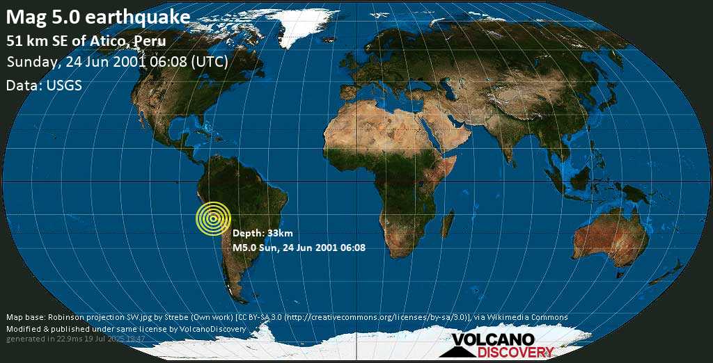 Moderate mag. 5.0 earthquake - Near the Coast of Southern Peru on Sunday, 24 June 2001 at 06:08 (GMT)
