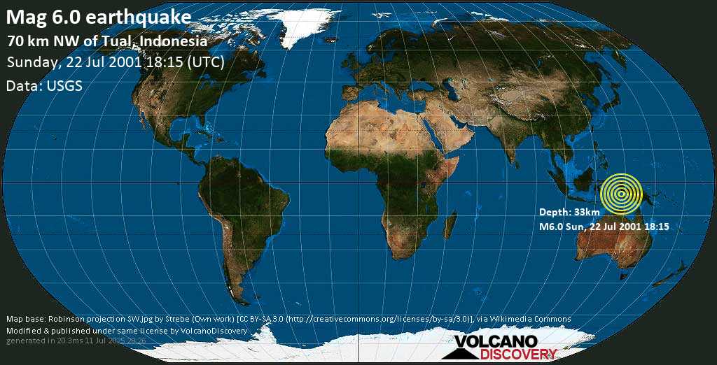 Forte terremoto magnitudine 6.0 - Kepulauan Kai, Indonesia, domenica, 22 luglio 2001