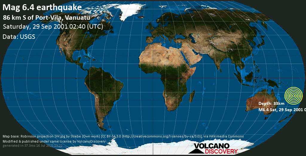 Strong mag. 6.4 earthquake - Vanuatu on Saturday, 29 September 2001 at 02:40 (GMT)