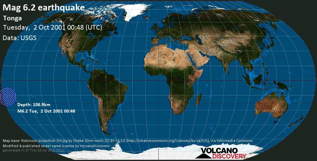 Forte terremoto magnitudine 6.2 - Tonga, martedì, 02 ottobre 2001