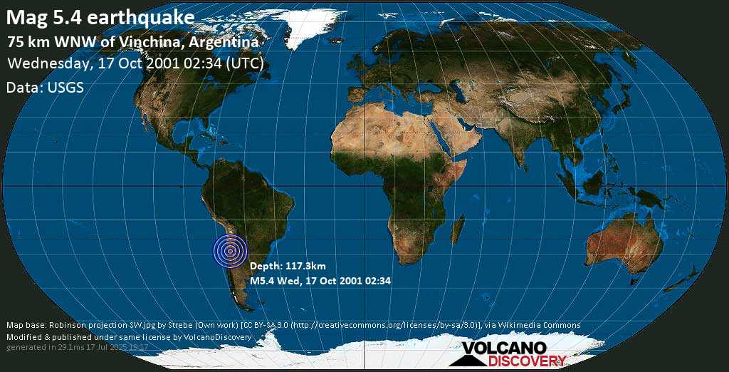 Terremoto moderato mag. 5.4 - Departamento de General Lamadrid, 157 km a nord ovest da Chilecito, La Rioja, Argentina, mercoledì, 17 ottobre 2001