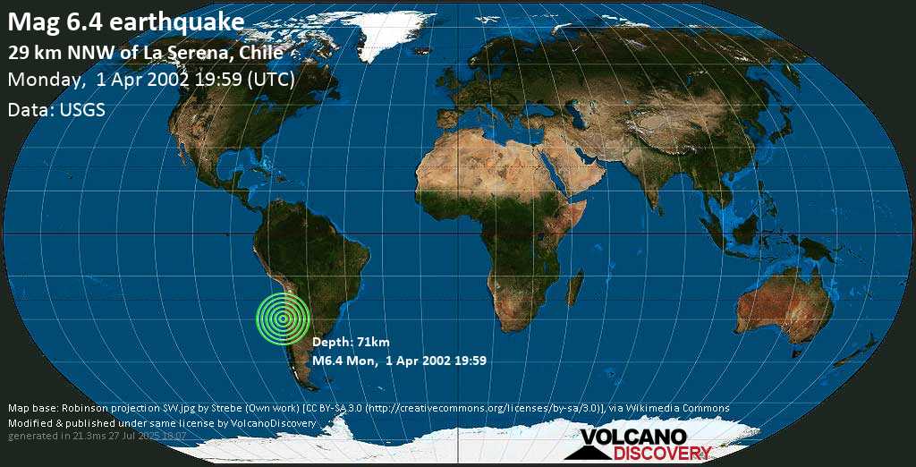 Strong mag. 6.4 earthquake - Offshore Coquimbo, Chile on Monday, 1 April 2002