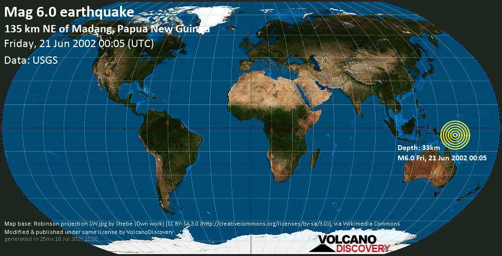 Strong mag. 6.0 earthquake - Eastern New Guinea Region, Papua New Guinea on Friday, 21 June 2002