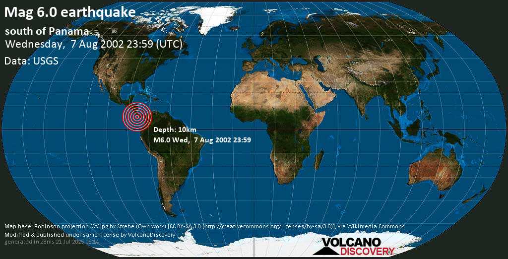 Strong mag. 6.0 earthquake - South of Panama on Wednesday, 7 August 2002