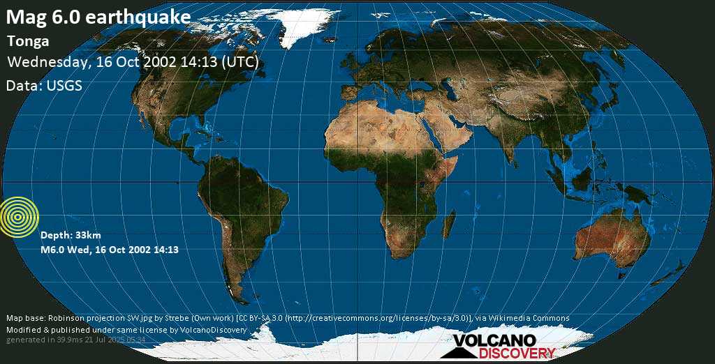Strong mag. 6.0 earthquake - Tonga (Samoa) on Wednesday, 16 October 2002 at 14:13 (GMT)