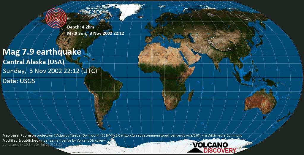 Major magnitude 7.9 earthquake - Matanuska-Susitna Parish, 92 mi south of Fairbanks, Alaska, USA, on Sunday, November 3, 2002 at 22:12 (GMT)