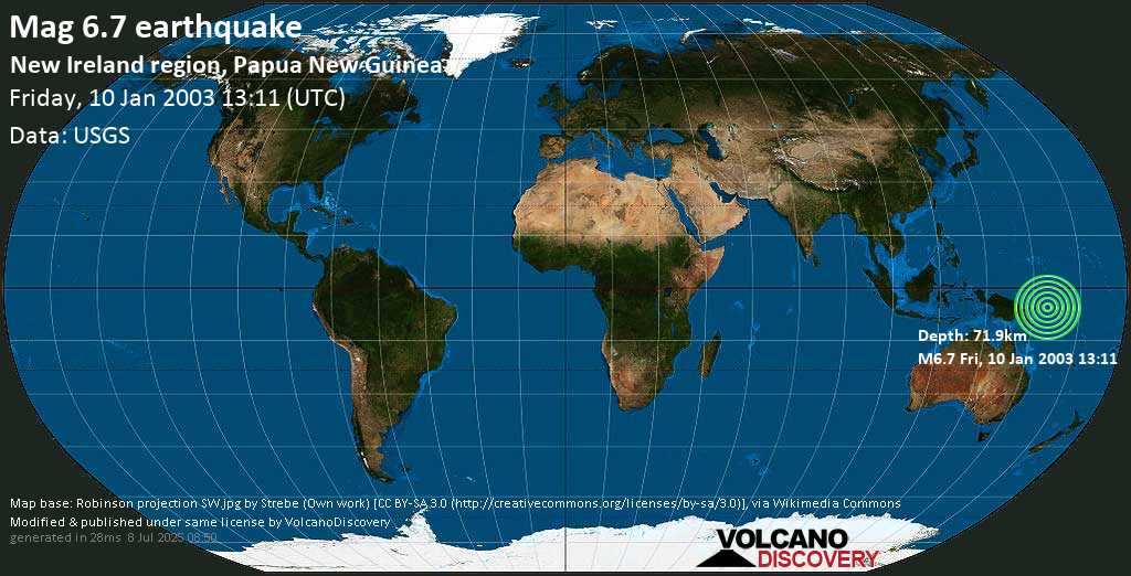 Strong mag. 6.7 earthquake - New Ireland Region, Papua New Guinea, on Friday, 10 January 2003 at 13:11 (GMT)