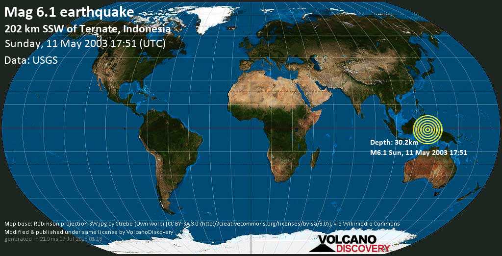 Strong mag. 6.1 earthquake - Molucca Sea (Indonesia) on Sunday, 11 May 2003 at 17:51 (GMT)