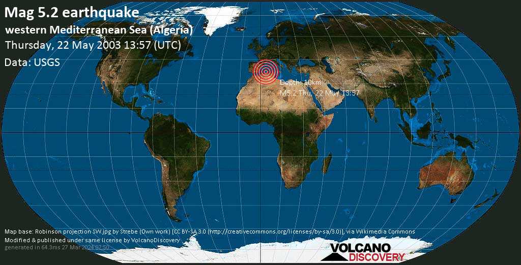 Strong mag. 5.2 earthquake - 48 km northeast of Djezirat el Kadra Island, Boumerdes, Algeria, on Thursday, May 22, 2003 at 13:57 GMT