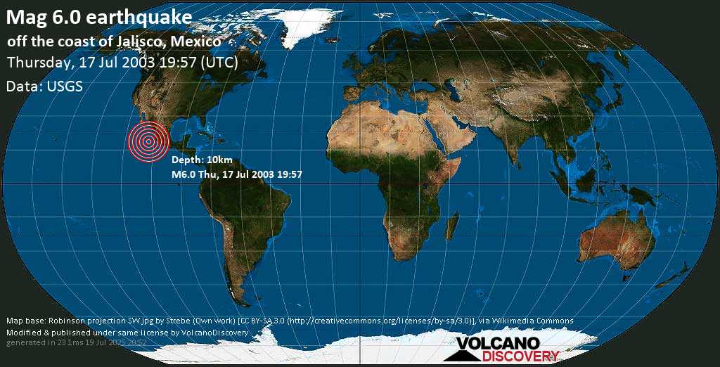 Strong mag. 6.0 earthquake - Off the Coast of Jalisco, Mexico, on Thursday, 17 July 2003 at 19:57 (GMT)