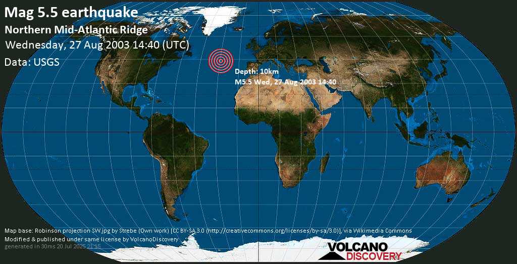 Moderate mag. 5.5 earthquake - Northern Mid-Atlantic Ridge on Wednesday, 27 August 2003