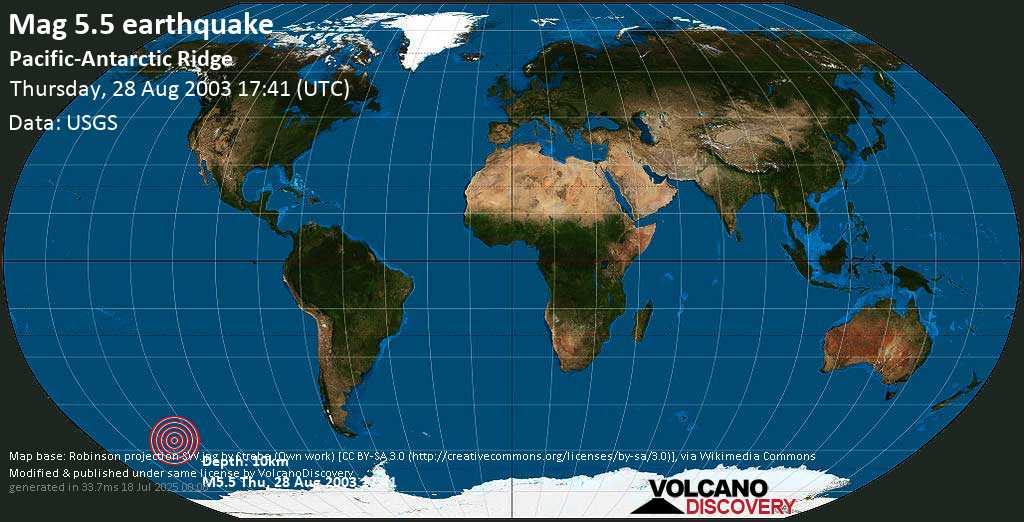 Moderate mag. 5.5 earthquake - Pacific-Antarctic Ridge on Thursday, 28 August 2003 at 17:41 (GMT)