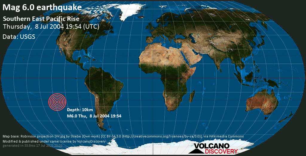 Strong mag. 6.0 earthquake - Southern East Pacific Rise on Thursday, 8 July 2004 at 19:54 (GMT)