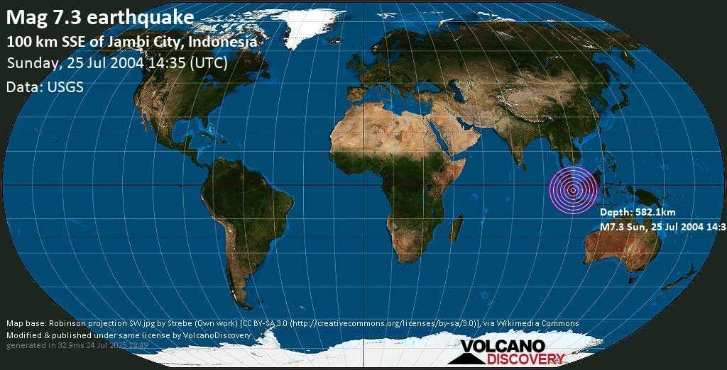 Major mag. 7.3 earthquake - Southern Sumatra, Indonesia on Sunday, 25 July 2004