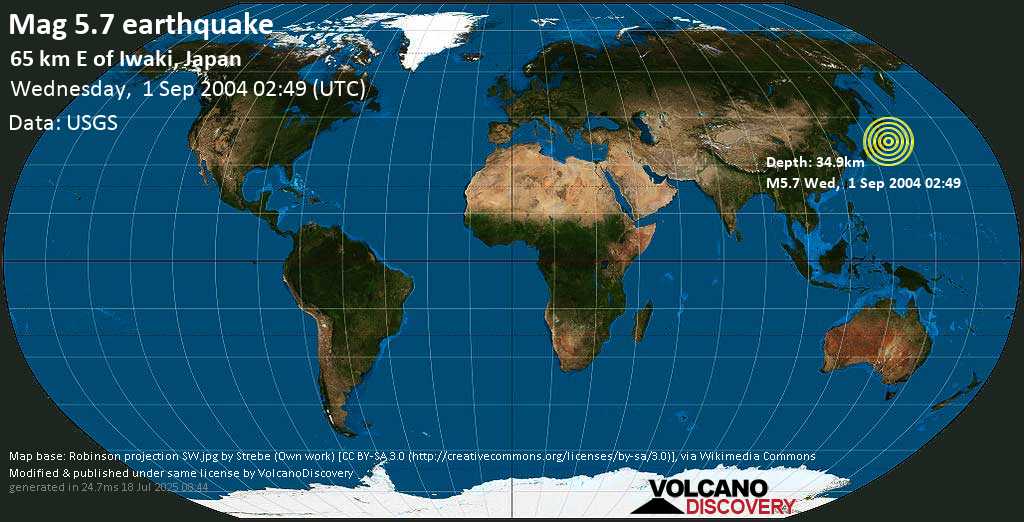 Strong mag. 5.7 earthquake - North Pacific Ocean, 65 km east of Iwaki, Fukushima, Japan, on Wednesday, September 1, 2004 at 02:49 (GMT)