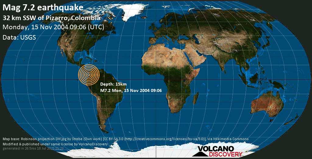Major mag. 7.2 earthquake - Near the West Coast of Colombia on Monday, 15 November 2004