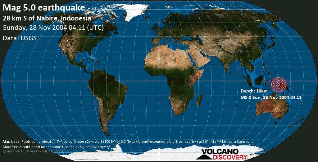 Moderado terremoto magnitud 5.0 - Papua, Indonesia, domingo, 28 nov. 2004