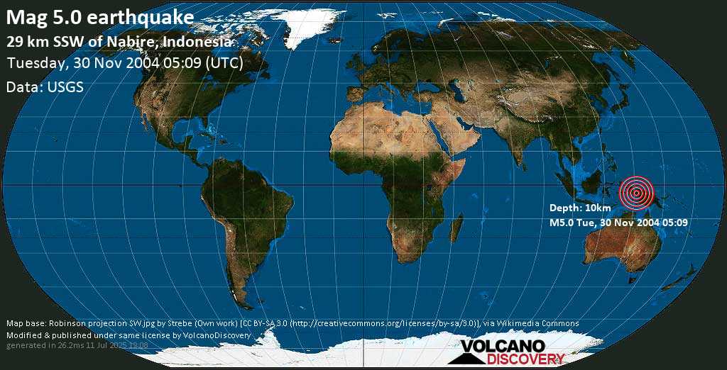 Moderate mag. 5.0 earthquake - Papua, Indonesia, on Tuesday, 30 November 2004 at 05:09 (GMT)