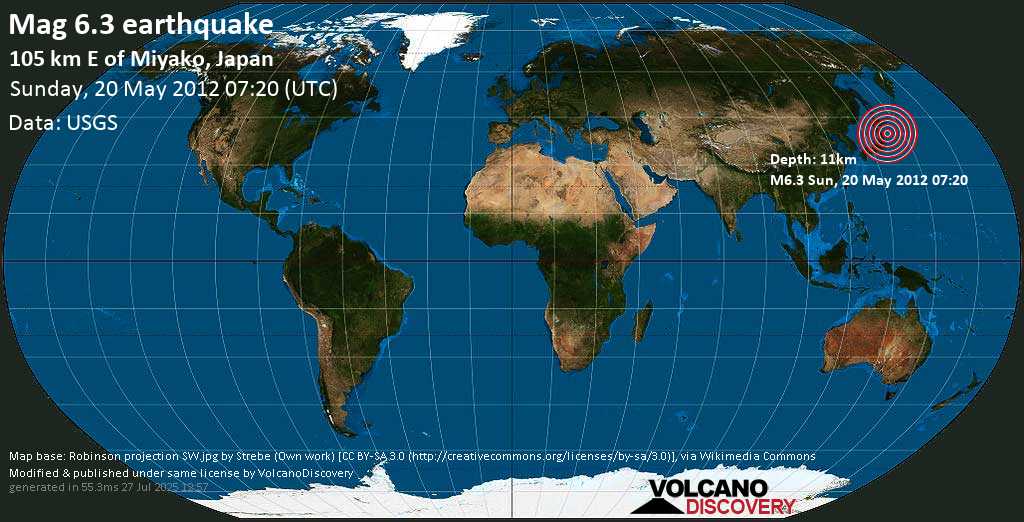 Strong mag. 6.3 earthquake - Off the East Coast of Honshu, Japan on Sunday, 20 May 2012