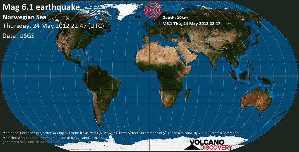 Very strong mag. 6.1 earthquake - Norwegian Sea on Thursday, 24 May 2012 at 22:47 (GMT)