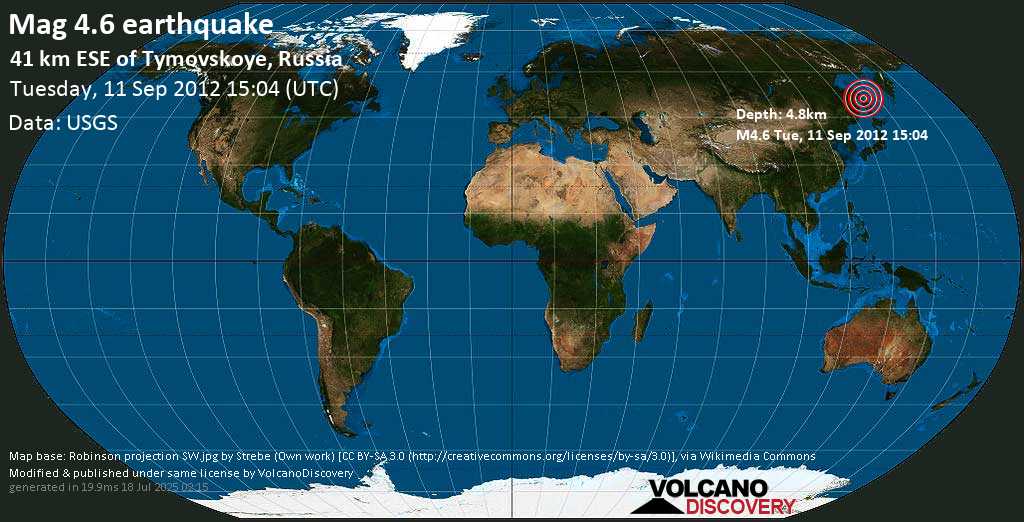 Light mag. 4.6 earthquake - Sakhalin, Russia on Tuesday, 11 September 2012
