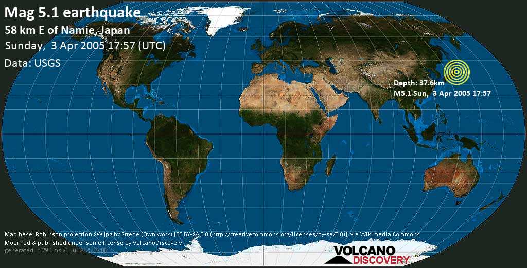Moderate mag. 5.1 earthquake - North Pacific Ocean, 77 km northeast of Iwaki, Fukushima, Japan, on Sunday, April 3, 2005 at 17:57 (GMT)