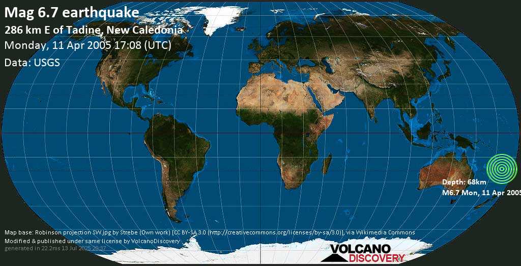 Strong mag. 6.7 earthquake - Southeast of the Loyalty Islands (New Caledonia) on Monday, 11 April 2005