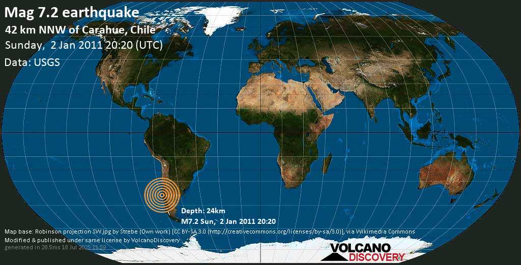 Major magnitude 7.2 earthquake - Malleco, Araucanía, 42 km north of Carahue, Provincia de Cautin, Araucania, Chile, on Sunday, 2 January 2011 at 20:20 (GMT)