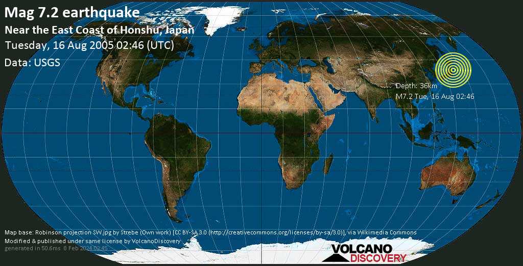 Major magnitude 7.2 earthquake - 42 km east of Kasakai-jima Island, Japan, on Tuesday, August 16, 2005 at 02:46 GMT