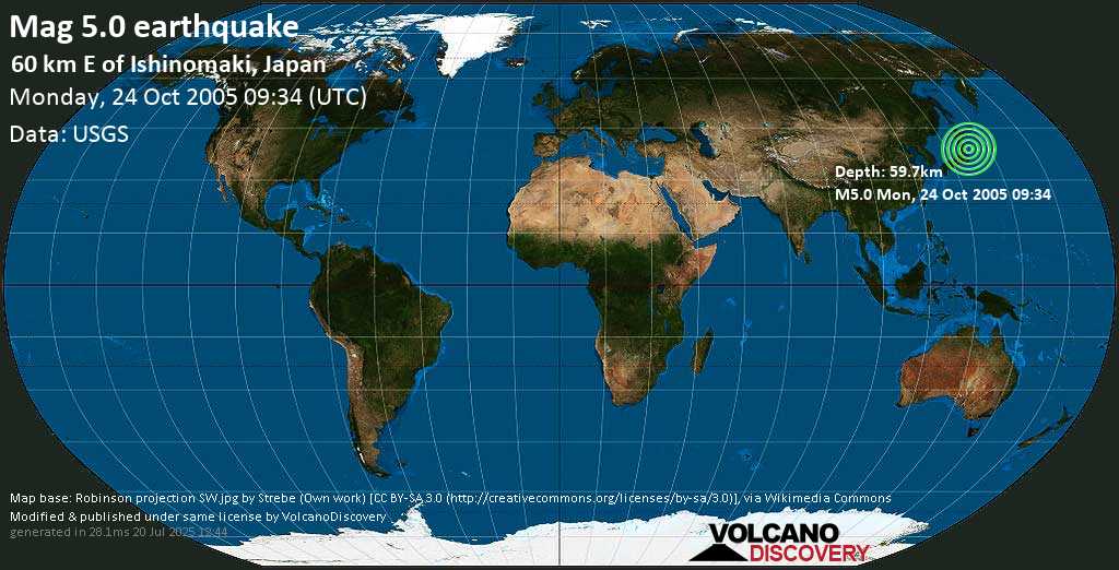 Moderate mag. 5.0 earthquake - Near the East Coast of Honshu, Japan, on Monday, 24 October 2005 at 09:34 (GMT)