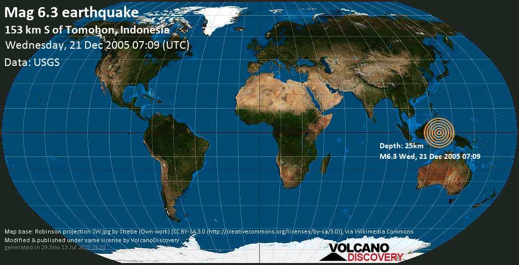 Strong mag. 6.3 earthquake - Molucca Sea (Indonesia) on Wednesday, 21 December 2005 at 07:09 (GMT)