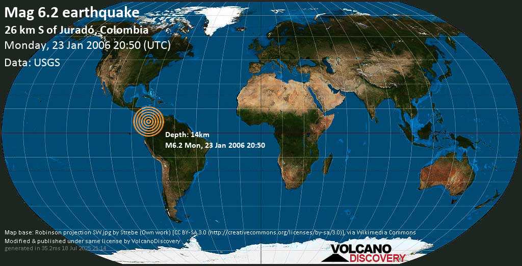 Very strong mag. 6.2 earthquake - North Pacific Ocean, 27 km south of Jurado, Departamento del Choco, Colombia, on Monday, 23 January 2006 at 20:50 (GMT)