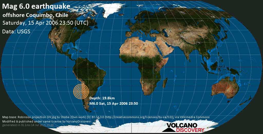 Strong mag. 6.0 earthquake - Offshore Coquimbo, Chile on Saturday, 15 April 2006