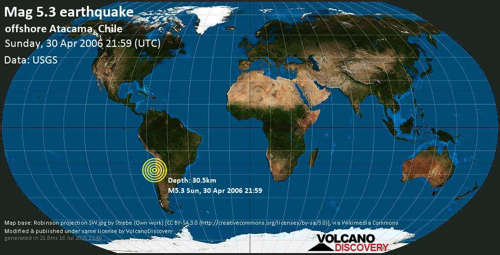 Moderato terremoto magnitudine 5.3 - Offshore Atacama, Chile, domenica, 30 aprile 2006