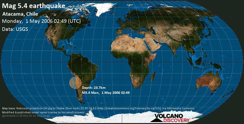 Moderato terremoto magnitudine 5.4 - Atacama, Chile, lunedì, 01 maggio 2006