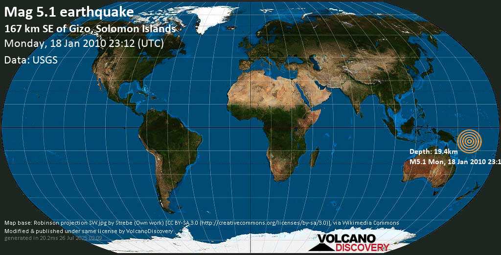 Moderate mag. 5.1 earthquake - Solomon Islands on Monday, 18 January 2010