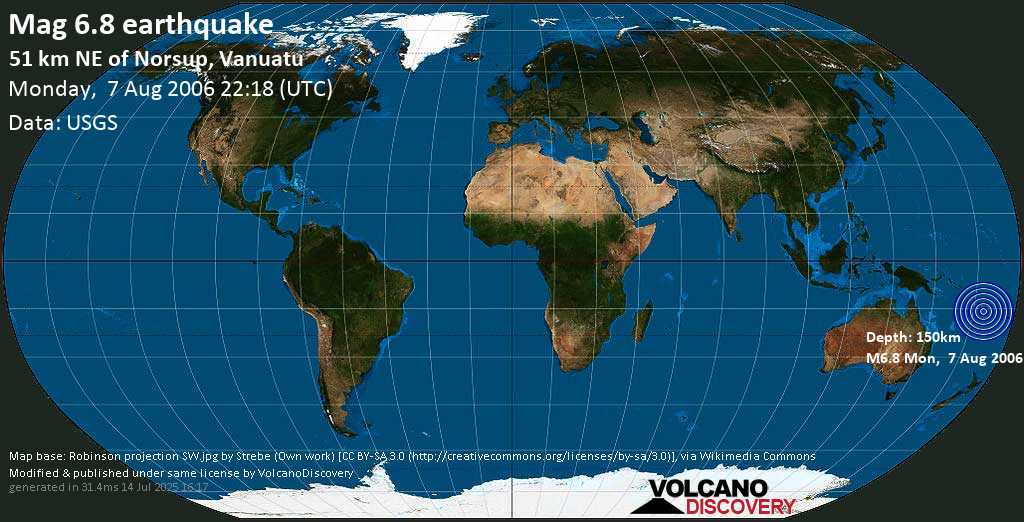 Strong mag. 6.8 earthquake - Coral Sea, 43 km west of Pentecost Island, Penama Province, Vanuatu, on Monday, 7 August 2006 at 22:18 (GMT)