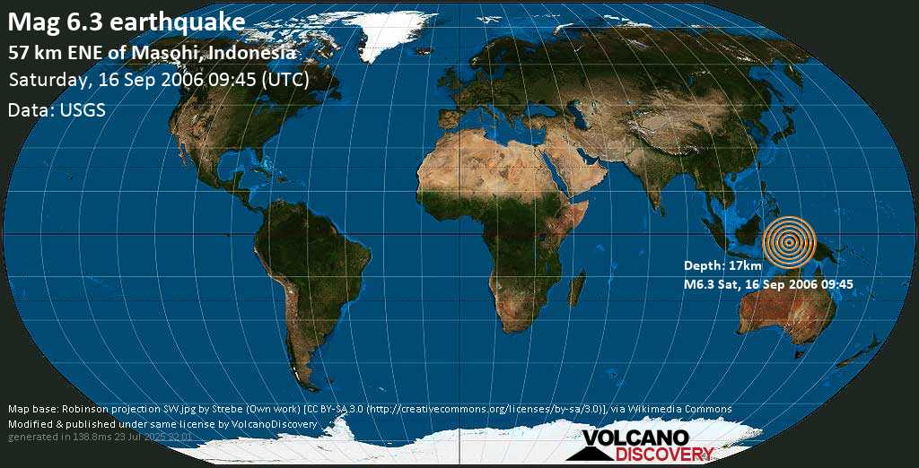 Strong mag. 6.3 earthquake - Seram, Indonesia, on Saturday, 16 September 2006 at 09:45 (GMT)