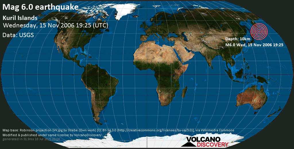 Strong mag. 6.0 earthquake - Kuril Islands (Russia) on Wednesday, 15 November 2006 at 19:25 (GMT)